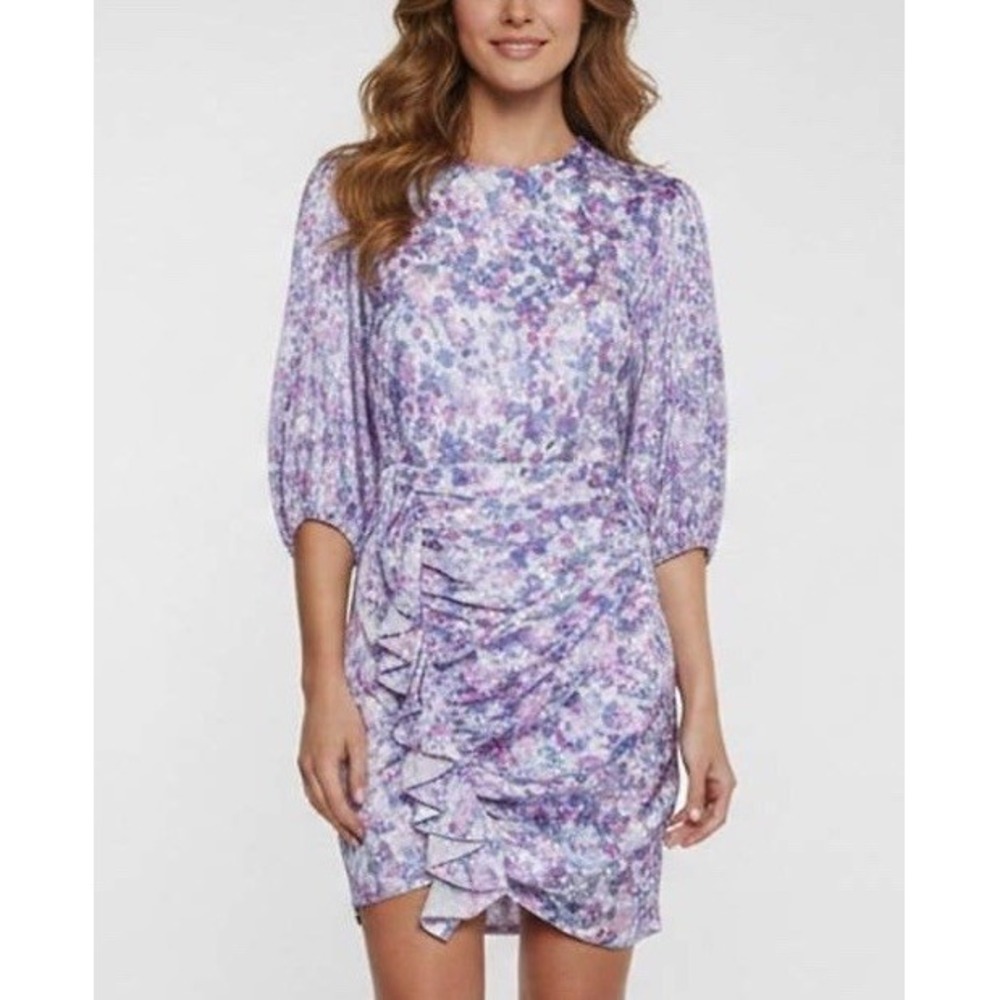 Maje Ruvard Women Pastel Purple Floral Draped Sheath Mini Dress Sz.40/US 8 M-NWT